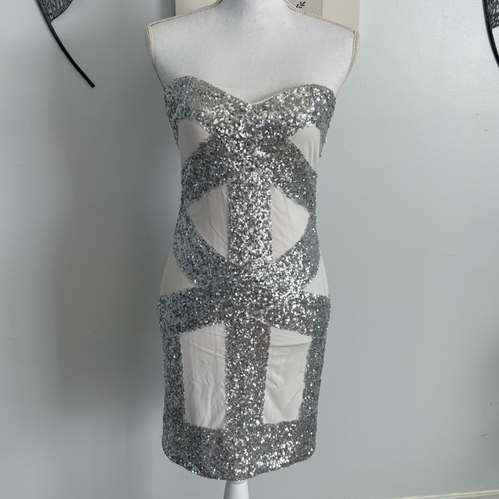 Evening Formal Strapless Bodycon White Silver Sequins Midi Dress